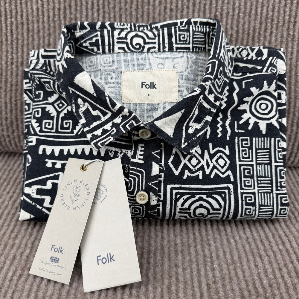 Folk Machu SS Shirt Men XL Black Geometric Tribal Print Linen Blend